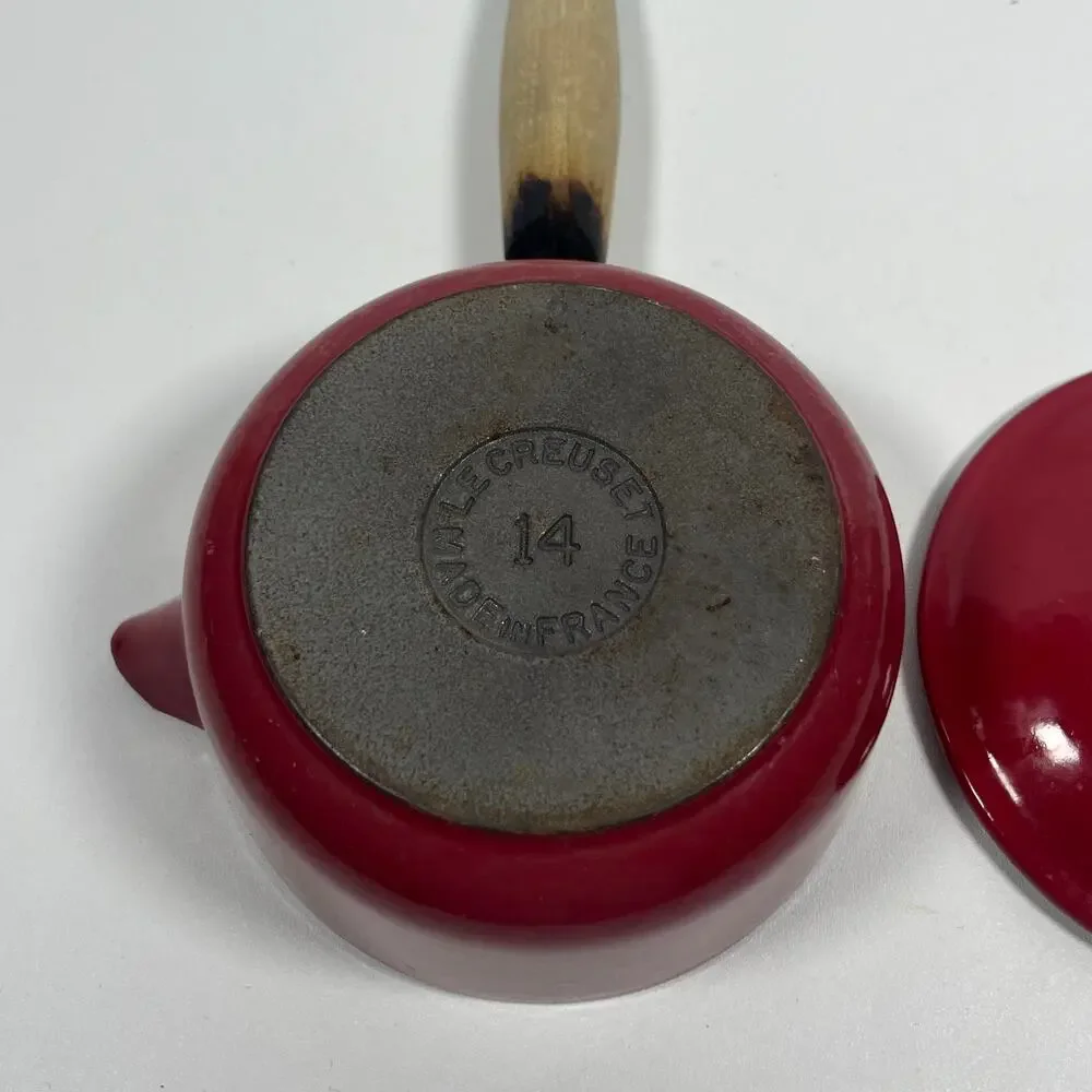 LE CREUSET Saucepan #14 Wooden Handle Lid Enameled Cast Iron Red France CLEAN